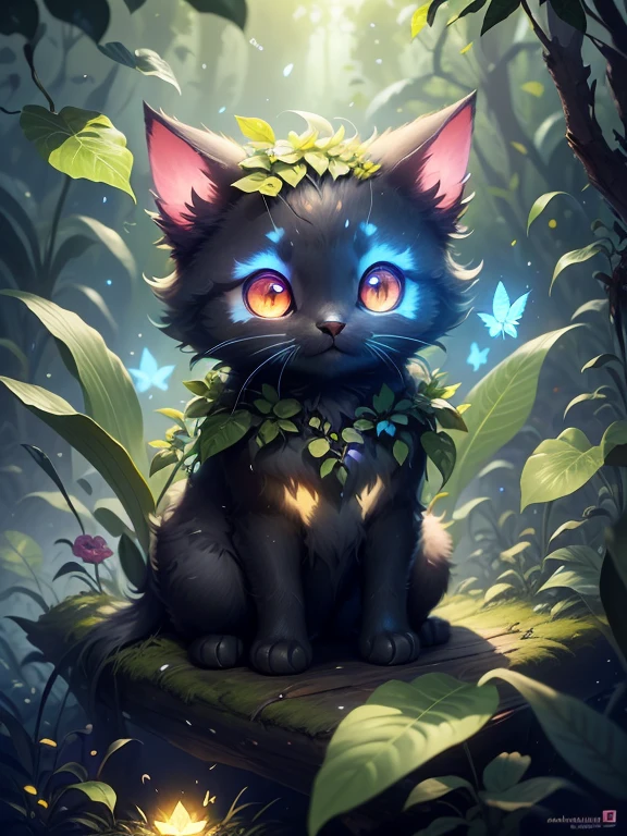 a cat with glowing eyes sitting in the woods with butterflies, cute digital art, cute detailed digital art, adorable digital painting, glowing with magic, cute detailed artwork, magical glowing eyes, glowing lights! digital painting, magical glow, adorable glowing creature, glowing magic, fantasy art style, cute artwork