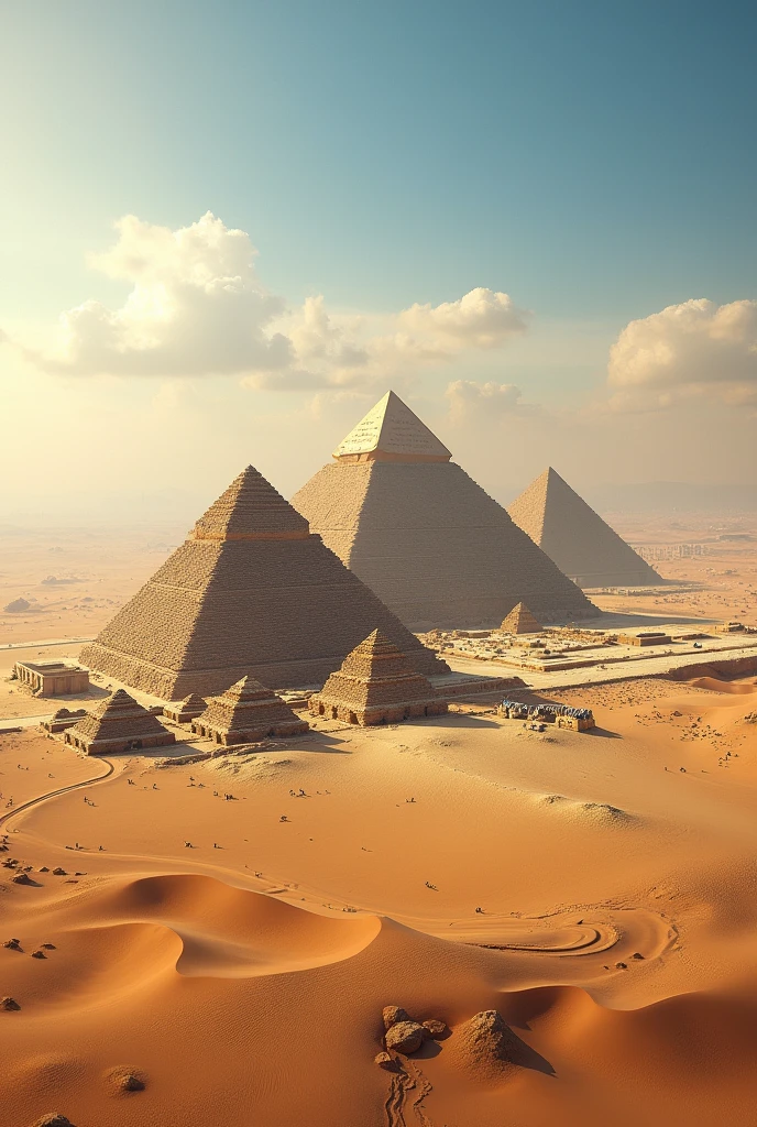 Create an aerial image of the Egyptian pyramids