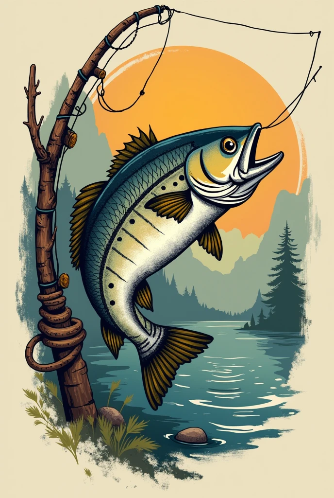 [Core Concept] A fishing logo with a wild and rustic style, that represents traditional and native fishing.

[Character description] The logo shows a large and vigorous fish, caught on the end of a rustic and sturdy fishing rod.

[environment/Background] The background of the logo evokes a natural and wild environment, with textures and tones that suggest a wild and untamed landscape.

[Style and Atmosphere] The style of the logo is markedly artisanal and organic, with thick strokes and a palette of earthy colors that convey the sensation of authentic fishing rooted in local tradition.

[composition] The composition is simple but impressive, with the captured fish in the center of the image, dominating the scene in an imposing way.

[Details and Embellishments] Details like knots, stripes and spots on the fish, as well as the rustic appearance of the fishing rod, They add a touch of authenticity and rusticity to the design.

[Technical specifications] The logo is characterized by a robust and artisanal aesthetic, with a graphic treatment that evokes traditional fishing and the connection with nature.