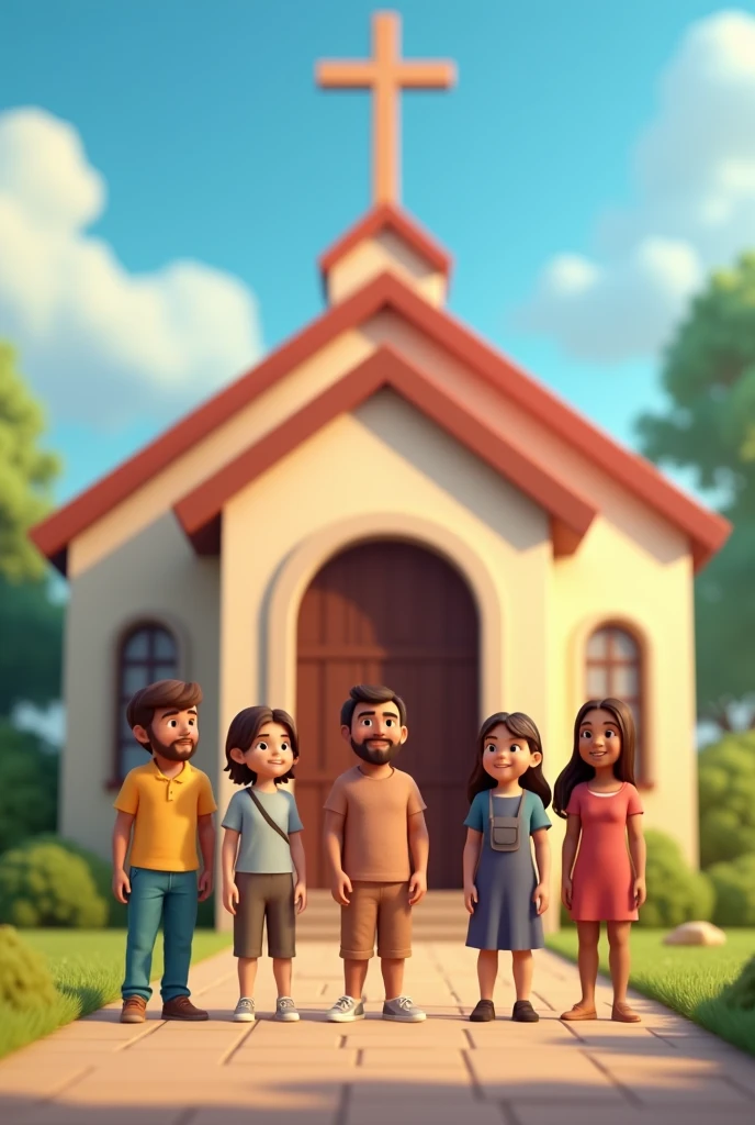 make a 3D animation about several young Christians standing in front of a church building, with an empty center.