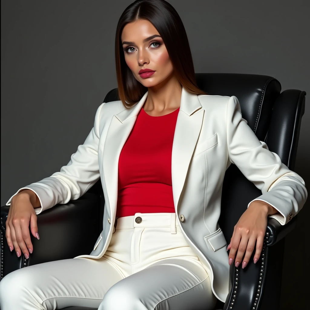 Woman in white blazer and pants, red t-shirt and seductive look with straight hair and an upright posture sitting in a black armchair

