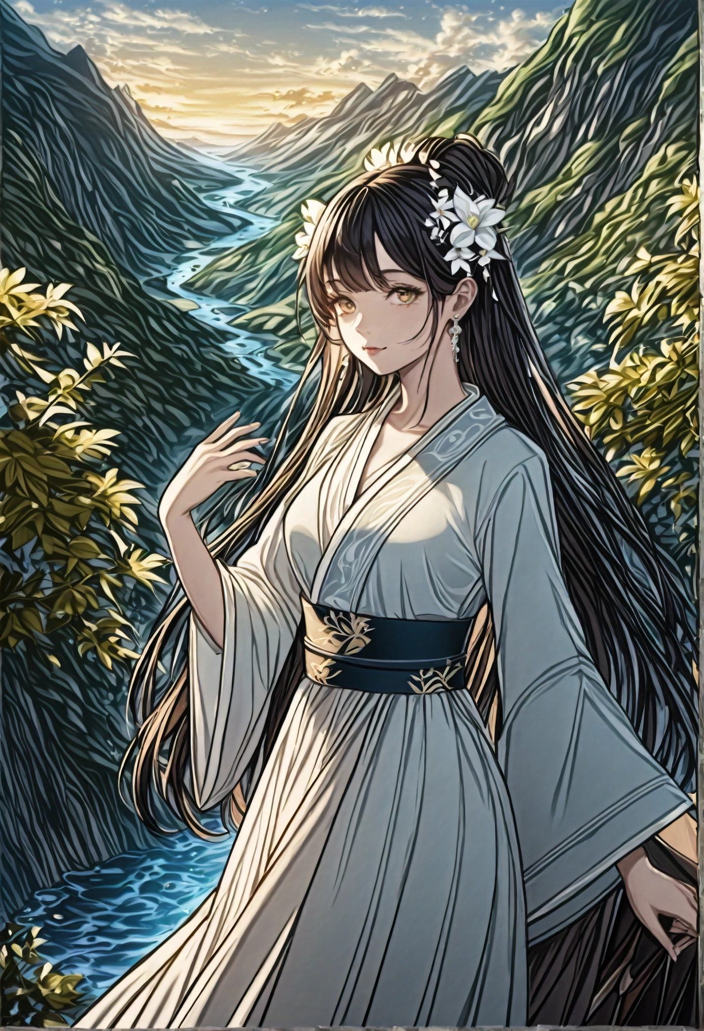best qualityer, work of art, high resolution,, 1 girl, face detailed, (trunk:1.6), Cyber cities, mountains and rivers, natta, firefly lights, realisitic, rich in detail, (white hanfu:1.2), (Body cute:1.4),