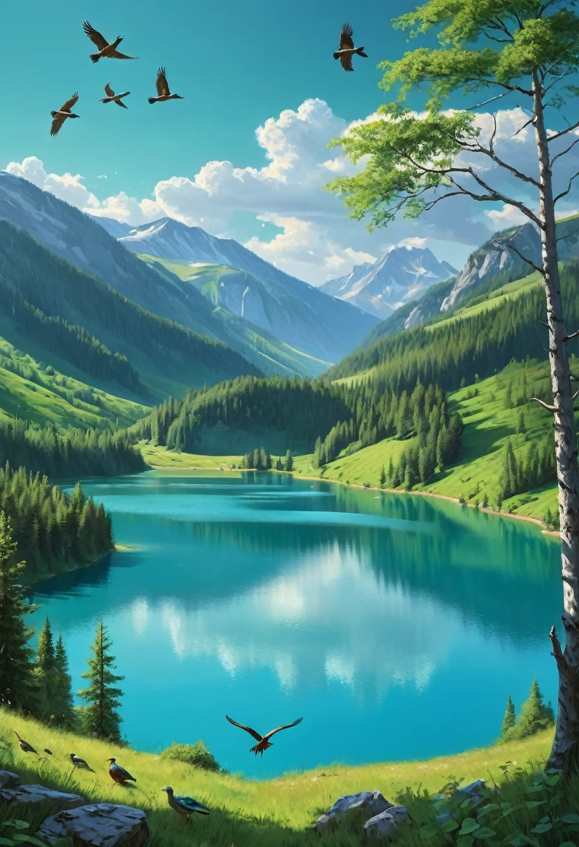 Landscape with a view out of the forest, over a lush green valley with a deep blue-turquoise lake. very sharp detailed picture. Birds in the foreground. At the lake occasionally small animals. In the background very high mountains. No people. No houses. Peaceful romantic solitude. Sunshine. Some picturesque clouds that cast shadows. 