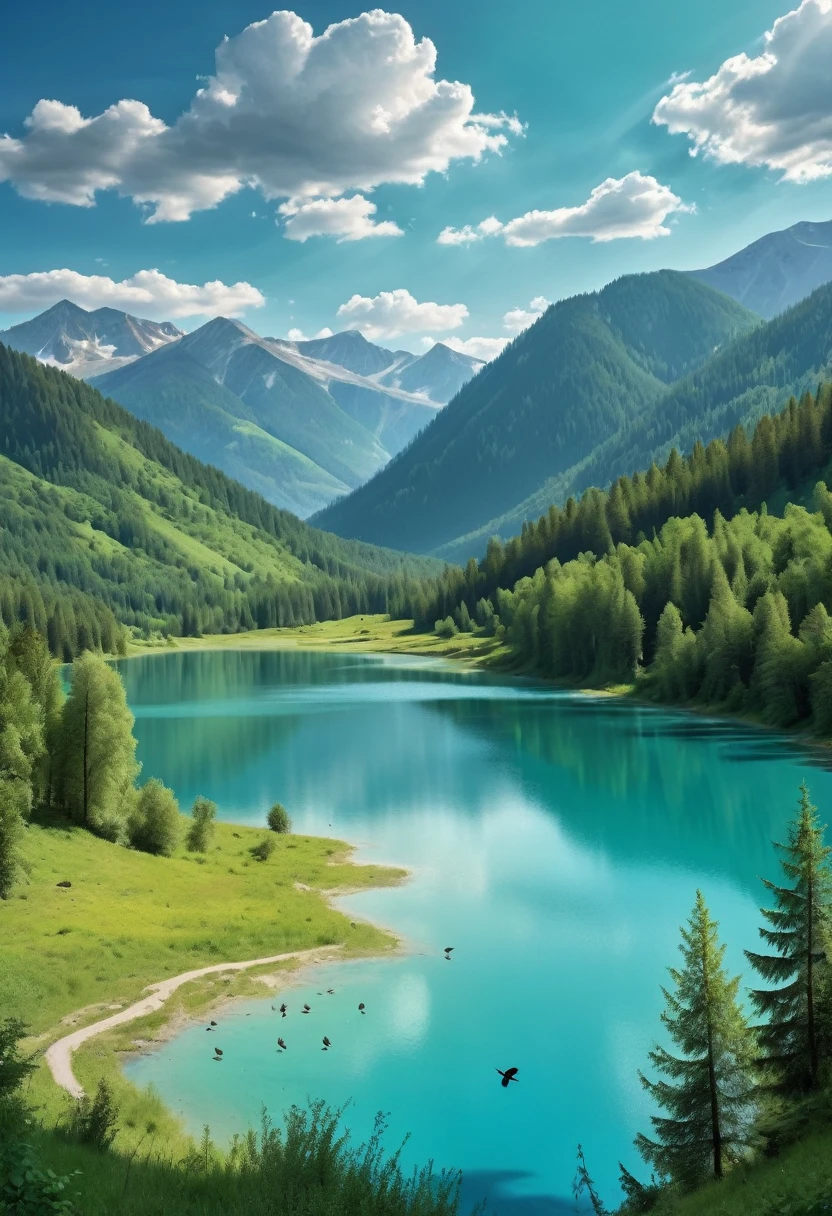 Landscape with a view out of the forest, over a lush green valley with a deep blue-turquoise lake. very sharp detailed picture. Birds in the foreground. At the lake occasionally small animals. In the background very high mountains. No people. No houses. Peaceful romantic solitude. Sunshine. Some picturesque clouds that cast shadows. 
