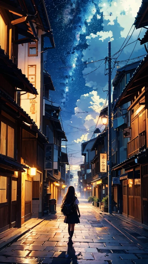 Octane, null, star (null), scenery, starnull, dawn, One girl, 夜null, alone, Outdoor, building, cloud, milky way, wood, Long Hair, city, silhouette, cityscape,Asahi,Start of the day,the environment should stunning, give clear and quality details,the environment must be bigger than the character. 