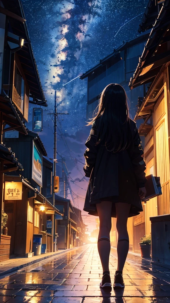 Octane, null, star (null), scenery, starnull, dawn, One girl, 夜null, alone, Outdoor, building, cloud, milky way, wood, Long Hair, city, silhouette, cityscape,Asahi,Start of the day,the environment should stunning, give clear and quality details,the environment must be bigger than the character.