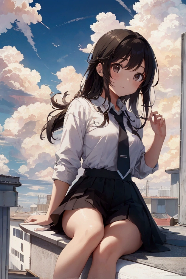 outdoor, on top of the roof, teenage girl, seating on the roof, (sky golden day, clouds circling tornado,) (dynamic angle: 1.10, directly behind the girl
