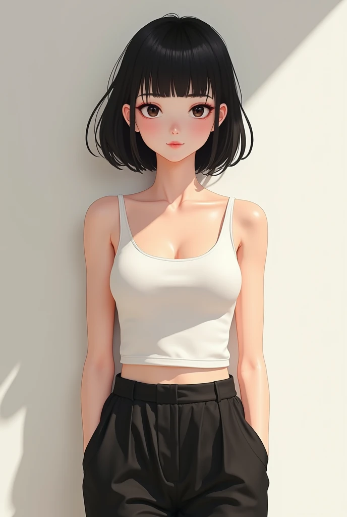 create a full figure girl with straight short black hair, with bangs,  high nose and thin eyes smiling and wearing loose black pants and a white tank top  