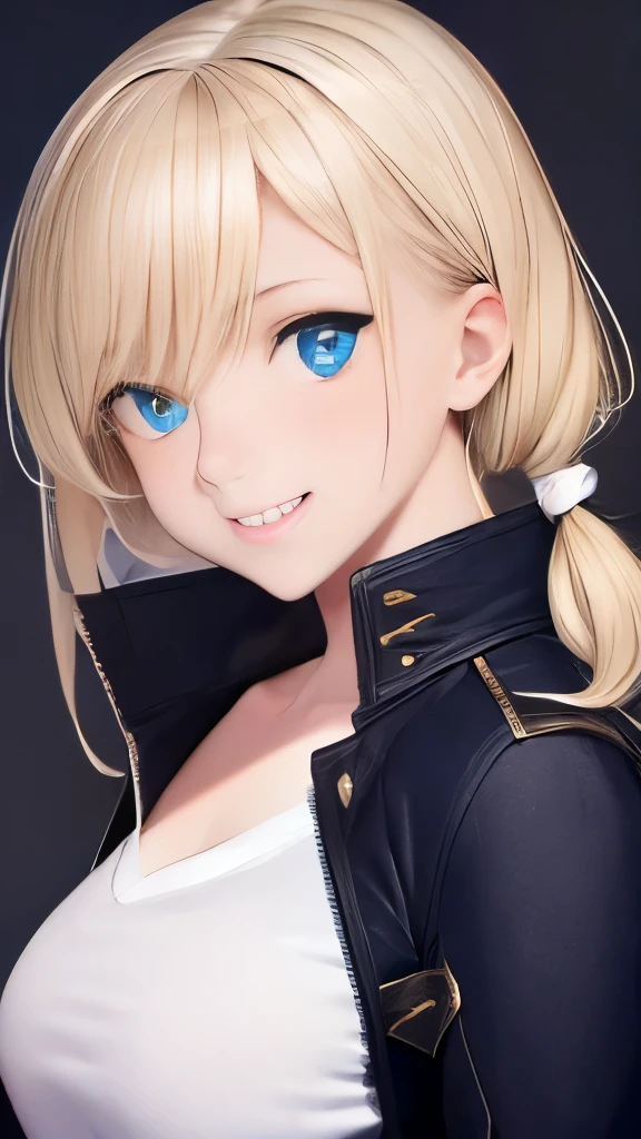 ChristiaAOT, 1girl, solo, christa renz, smile, hair between eyes, Blue eyes, blonde hair, jacket, medium hair,
