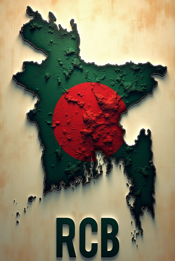 Bangladesh map with reconstruction theme and flag theme on it and written RCB at the bottom