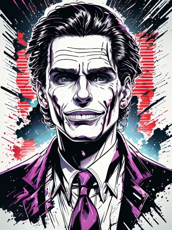 there is a man with a bloody face and a tie, Patrick Bateman), in American Psycho, Patrick Bateman, American Psycho, in American Psycho (1999), in American Psycho ( 1 9 9 9 ), the joker and Patrick Bateman, psychopath face, brutal clean and bloody face, Christian Bale as the Joker, hq wallpaper 4k, bloody face,T-shirt design,white background,vector, sticker art.