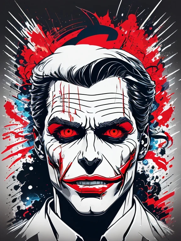 there is a man with a bloody face and a tie, Patrick Bateman), in American Psycho, Patrick Bateman, American Psycho, in American Psycho (1999), in American Psycho ( 1 9 9 9 ), the joker and Patrick Bateman, psychopath face, brutal clean and bloody face, Christian Bale as the Joker, hq wallpaper 4k, bloody face,T-shirt design,white background,vector, sticker art.