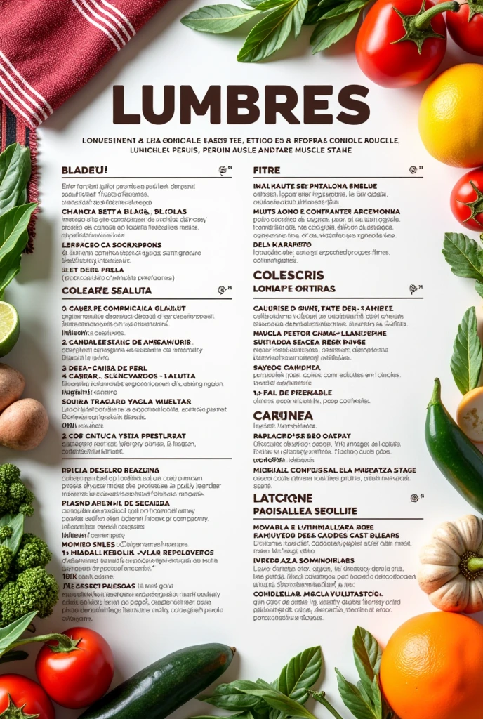 A menu in Spanish of healthy Peruvian lunches, that have dishes to increase muscle mass and calorie deficit.