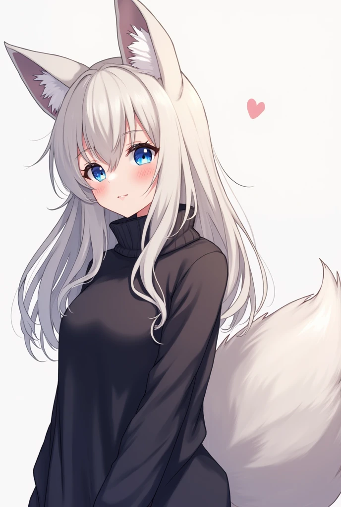 Anime girl with fox ears and white fur fox tail, with a black sweater and blue eyes