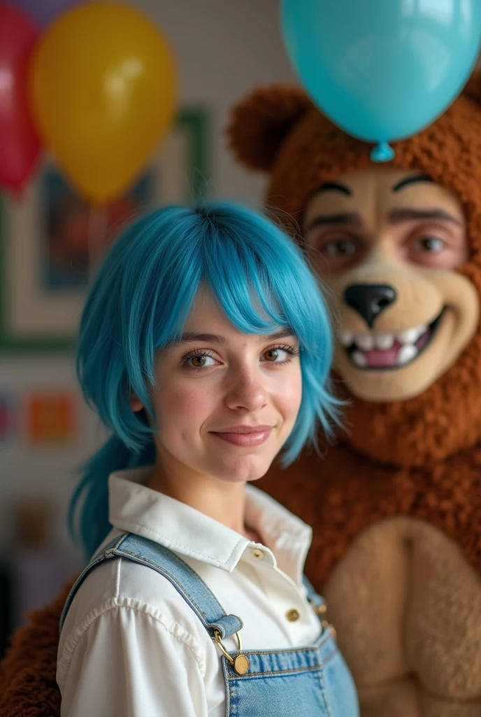 Latina 15 years old blue hair sturdy white collared clothes at home with a happy birthday balloon with a man dressed as a bear next to her photographic image