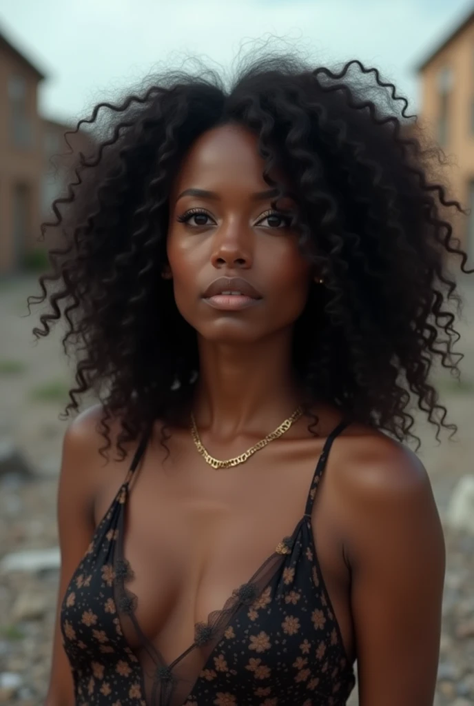 A beautiful and amazing Brazilian black woman, middle aged, elegant upper body portrait, loose curls, black curly hair (shorter darker curly hair), long wild curly hair, multiversal hair, Brazilian, short black curly hair, curly black hair, curls, extended wavy hair, baroque curls, curls, curly, light curly hair, hair texture, curly bangsr (((super strong)), masterpiece, best quality, ultra-detailed, ground, destroyed city background, shadows, contrast, gray sky, style (look at viewer: 1.2) (skin texture) (film grain: 1.3), ultra-high resolution, octane render, 16k