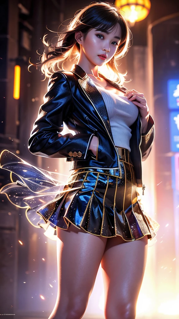 A woman in a short skirt and jacket posing for a photo., cyberpunk art by Raymond Han, Trends in CG society, Digital art, Chinese woman, korean girl, beautiful asian woman, asian woman, young asian girl, attractive girl, beautiful asian woman, korean woman, Chinese woman, beautiful south korean woman, gorgeous young korean woman, beautiful young korean woman, asian woman
