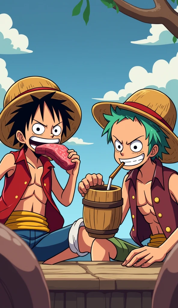 Luffy eating meat and Zoro drinking loot from a barrel-like wooden cup in PIXEL ART