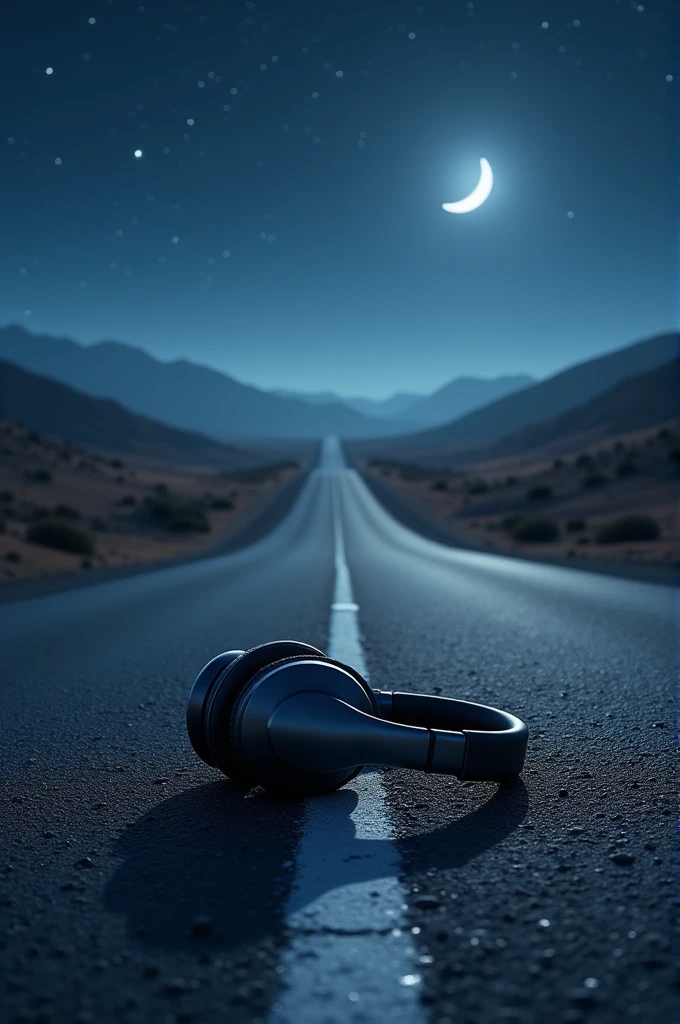 Create an image of a pair of headphones lying on a road illuminated by starlight and moonlight 