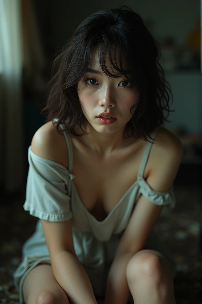 Structure of the film、to be born々New skin texture、Arm hair、Realistic skin texture (1.8), Pore details (1.7), Thin vellus hair (1.7), Micro Skin Relief (1.6), Natural skin moisturization (1.5), Skin Transparency (1.6), Soft Skin Highlights (1.7), Faint goosebumps (1.4), Scattered under the surface (1.7), Macroskin Details (1.8)Black sleeveless、pores、 Dark Room,Always Details,finely,High resolution, High resolution,Deep Shadow,High Contrast,(8k、to be born写真、Highest quality、masterpiece:1.2)、(Realistic,Realistic:1.8) ,whole body,Amazingly beautiful eyes,Natural Lip,(Saggy breasts:1.1)( Squint your eyes :1.1)1 girl、View your audience、Beautifully Detailed face,,mouth half open,、narrow,Floating Hair,Dark brown hair, short hair, Brown eyes, front, Detailed face,Japanese girl sitting in the middle of the room,Wide viewing angles, Messy room, Looking into the camera, Black camisole,Arm hair、Brown Hair,View your audience,Beautifully Detailed face, Cinematic Light,(Film Gain:1.4)|(VHS Video:1.2)(old analog film photography:1.4) Vintage Film (1.8), Analog camera (1.5), Film Grain (1.4), Light leakage (1.2), Soft Focus (1.3), Warm tones (0.2), Retro aesthetic (1.7), Lomography (1.3), Nostalgic atmosphere (1.8), Polaroid style (1.5), Faded colors (1.9), Dreamy look (1.3), Exposure (1.1), Vignette Effect (1.8), Blurred Edges (1.4),Dusty room,Moisturized Skin、Beautifully Detailed face,Take out your nipples