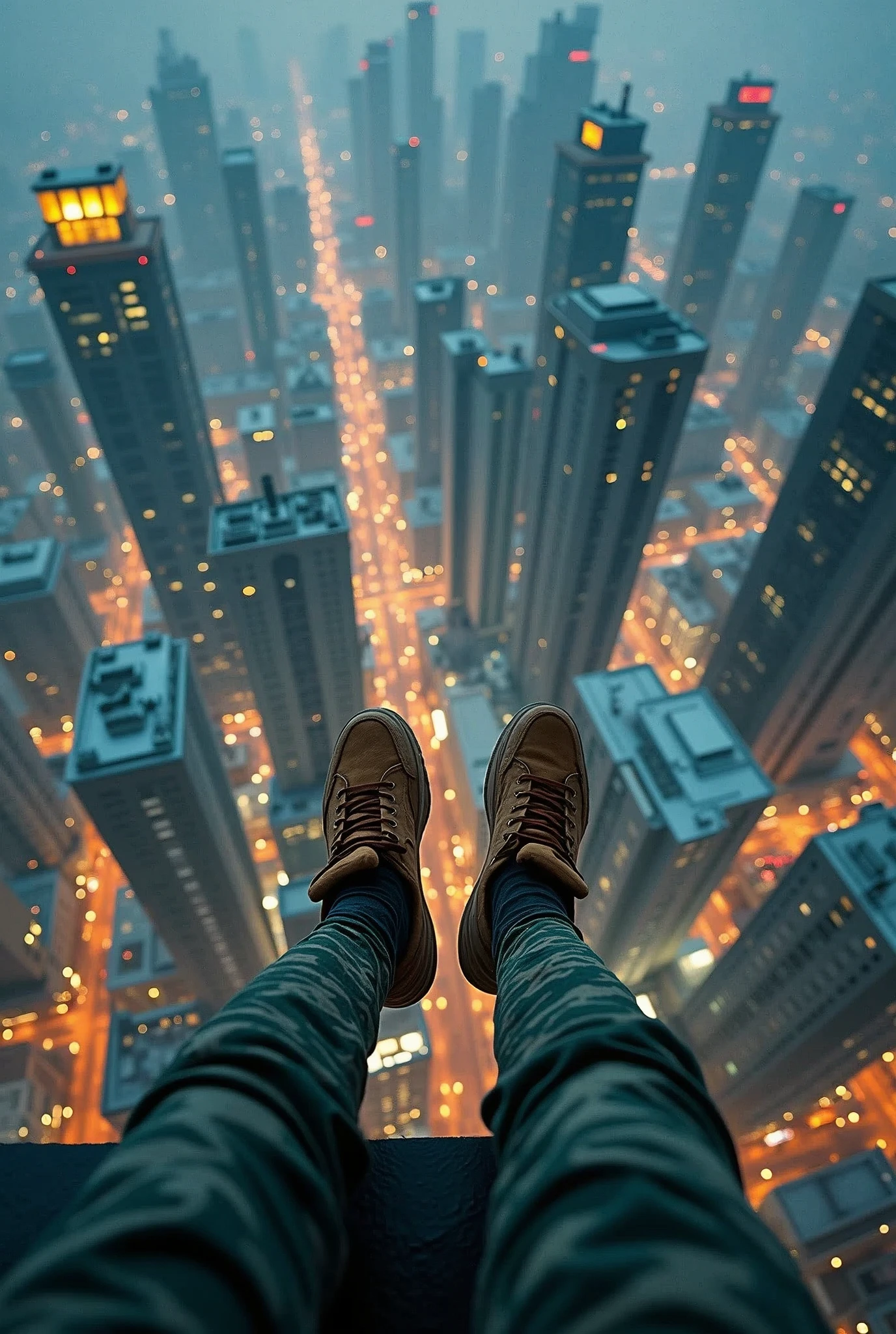 ((photorealistic)), extremely detailed, an aerial view from the top of a skyscraper in a dense, futuristic cityscape, with the perspective showing a person's legs and feet dangling over the edge. The person is wearing brown sneakers and camouflage trousers. The city below is lit with numerous lights, giving a vibrant and bustling feel. The overall mood is adventurous and slightly risky, with a focus on the height and urban environment. The scene is slightly hazy, adding a sense of mystery and depth to the cityscape,