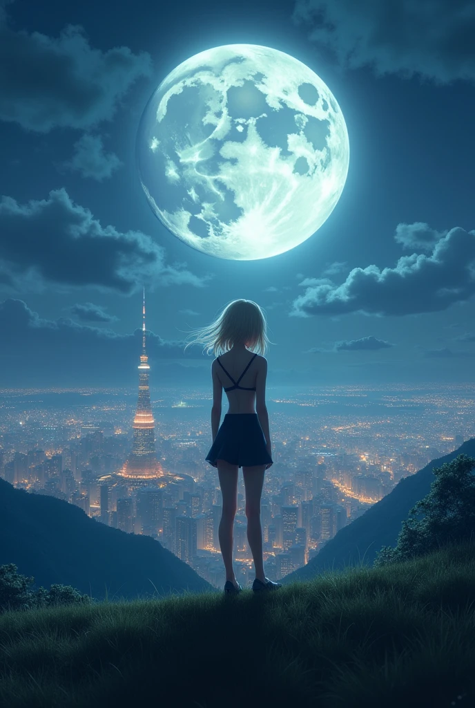 blond girl in top and miniskirt stay on top of a hill and looks at the lights of a city and a big moon rises in the background. cinematic, moonlight, night,