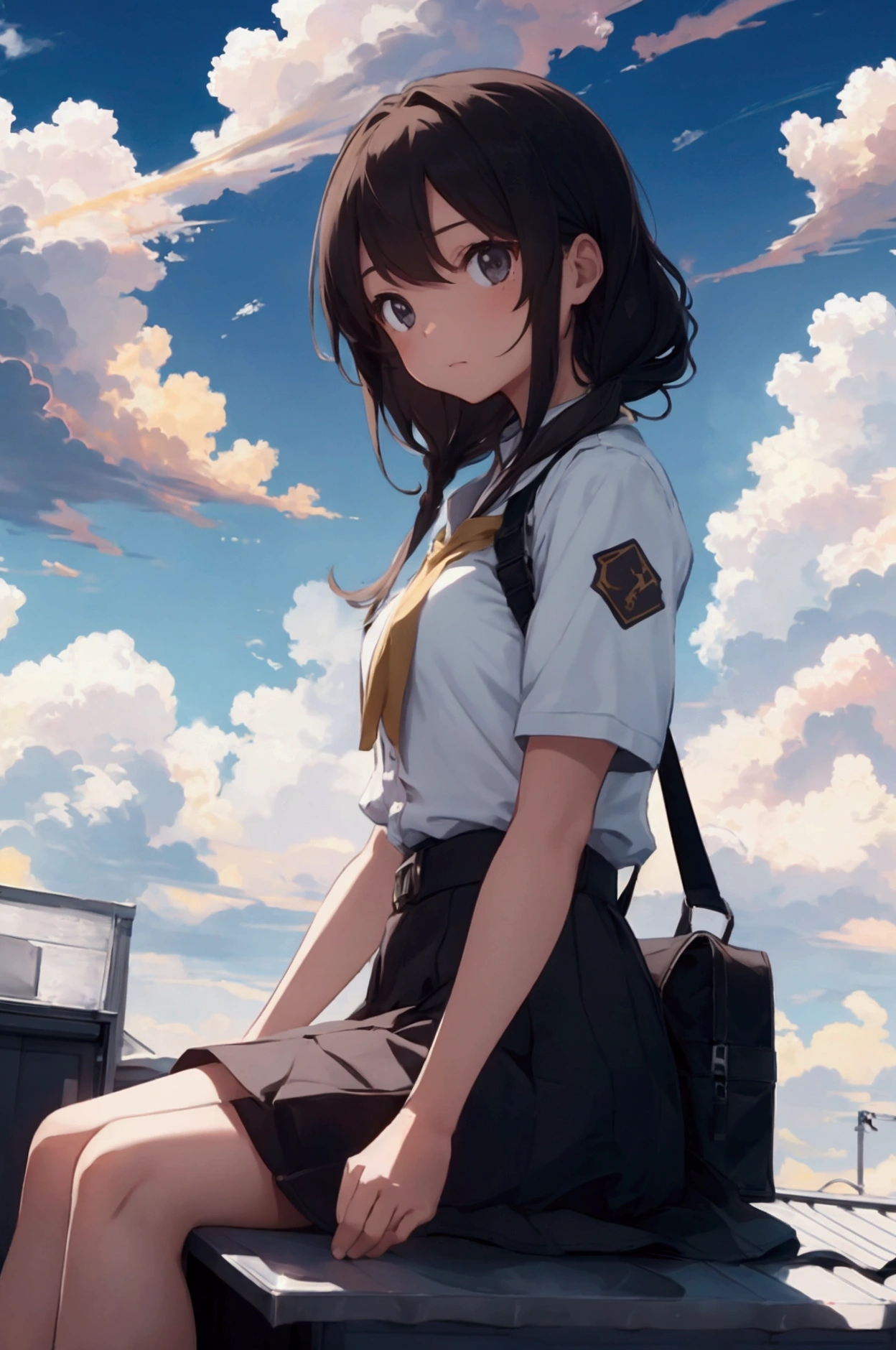 outdoor, on top of the roof, teenage girl, seating on the roof, (sky golden day, clouds circling tornado,) (dynamic angle: 1.10, directly behind the girl, girl looking away