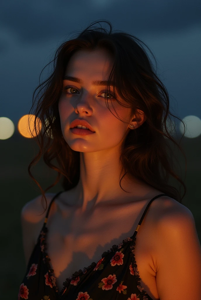 1fille ,belle tenue ,belle brune, ,(22 ans, visage innocent avec des tache de rousseur ,long Cheveux ondulés naturels, yeux marron),(vacance) et une femme ((un heureux)), chef-d'œuvre, meilleure qualité, ultra détaillé, solo, dehors, (la nuit) ,Nature, (les étoiles, officier) joyeux, style analogique (regarde le spectateur: 1.2) (Texture de la peau) (grains de film: 1.3), (teinte chaude, Tonne plus chaude: 1.2), un gros plan d'un, Lumière de cinéma, Lumière latérale, très haute résolution, meilleure ombre, esprit, Haut du corps visible, (bas du corp visible)