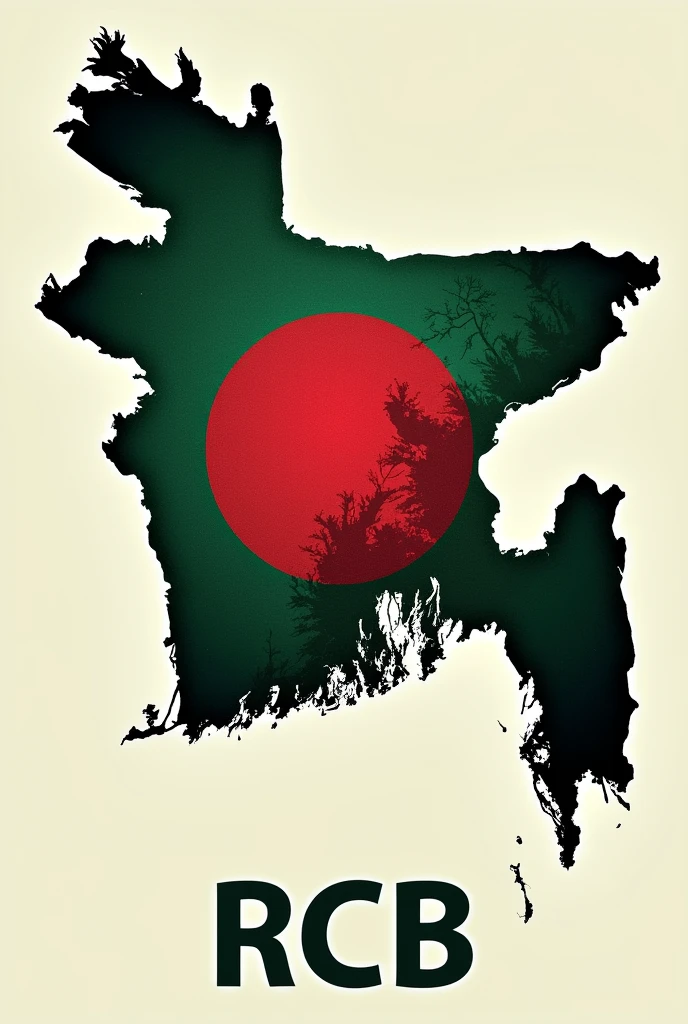 Bangladesh map with reconstruction theme and flag theme on it and written RCB at the bottom