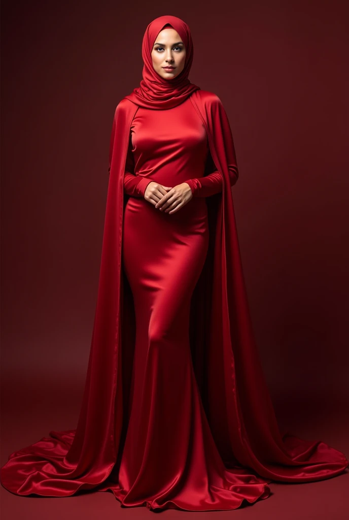 Captivating, elegant woman is engendered in a cascade of four-meter-long, ruby-red, plush satin fabric. The material clings tightly to her figure, spreading out into a pooled train at her feet, mimicking a mermaid's tail. A satin hijab cloaks her head, in office, revealing only a hint of her upper body. This full-body portrait radiates a mythical sophistication. Wrapped, eth