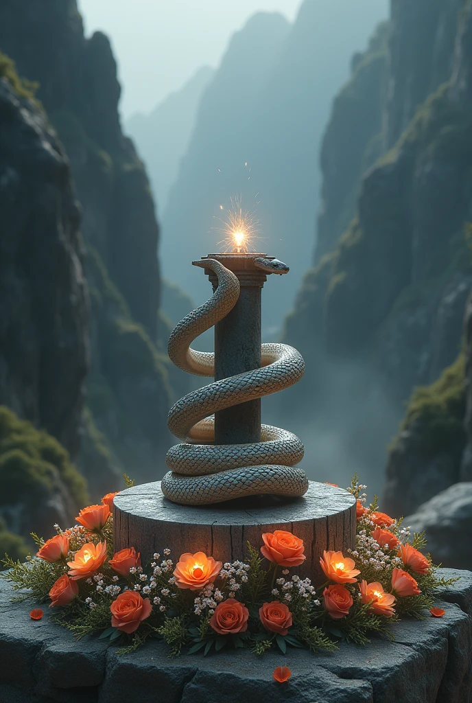 A snake on the shivling with flowers and the background is dark in mountains
