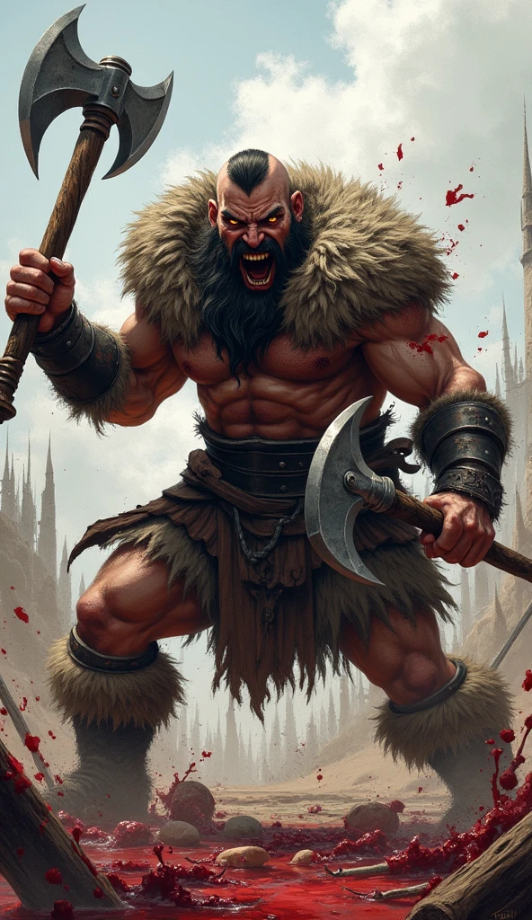 nordic viking, battle amok, berserker, bloody face, axes, furs, battle pose,
