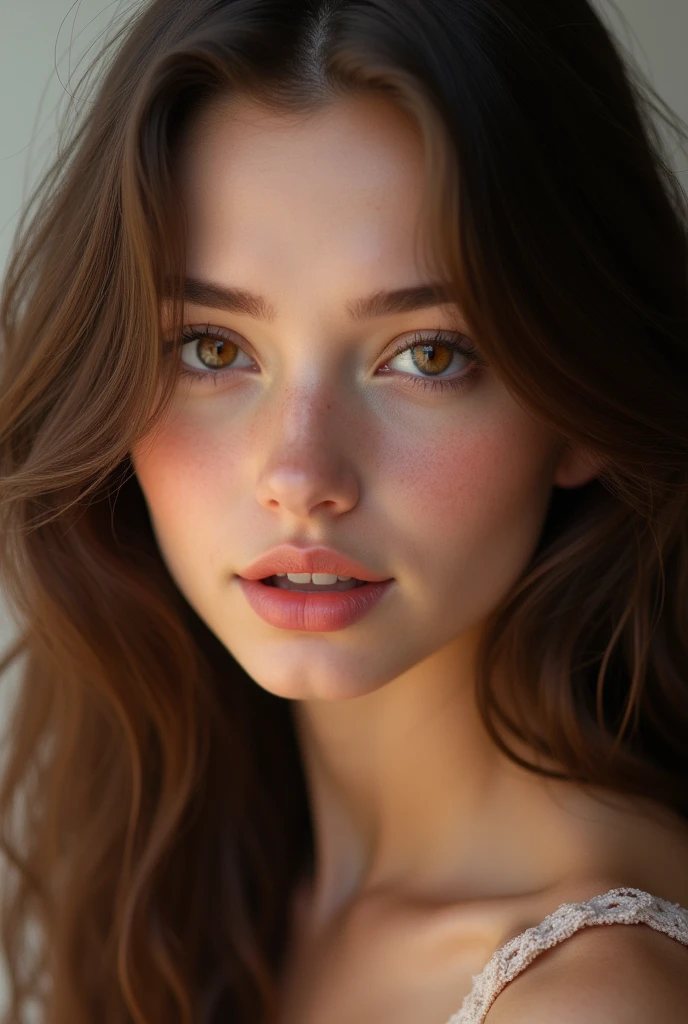 Beautiful girl with brown wavy long hair, young adult, pouty pink lips, brown eyes,