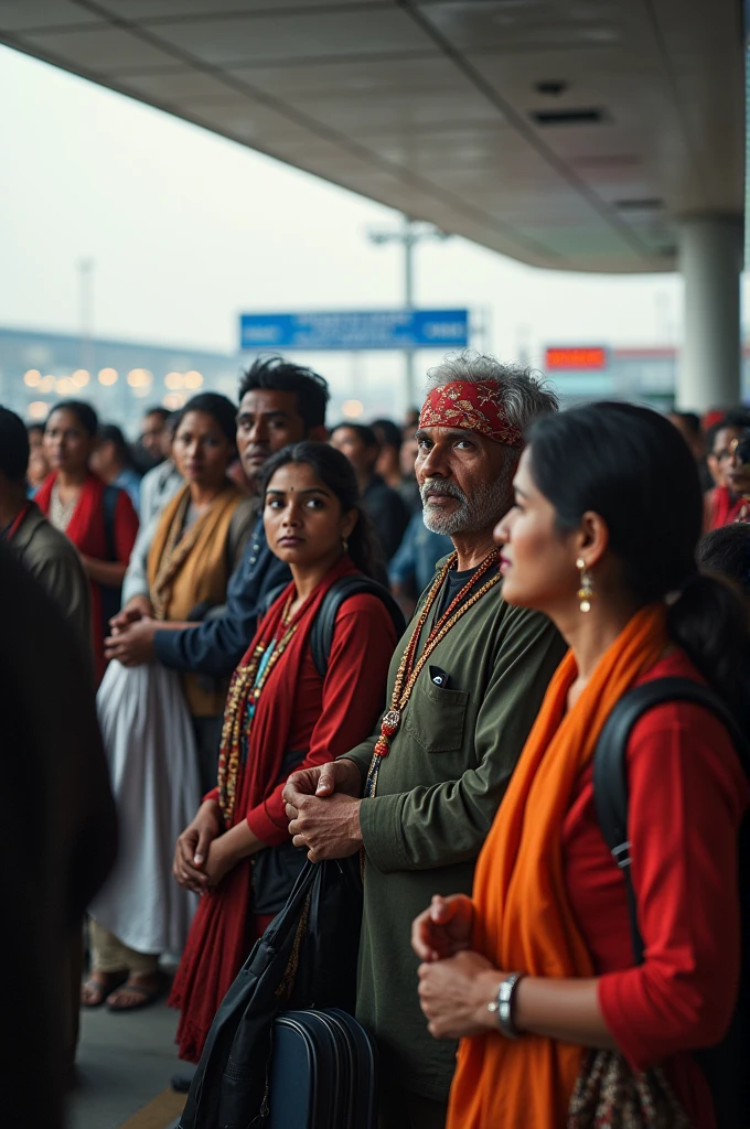 Nepalese leaving airport and sitting in queue 