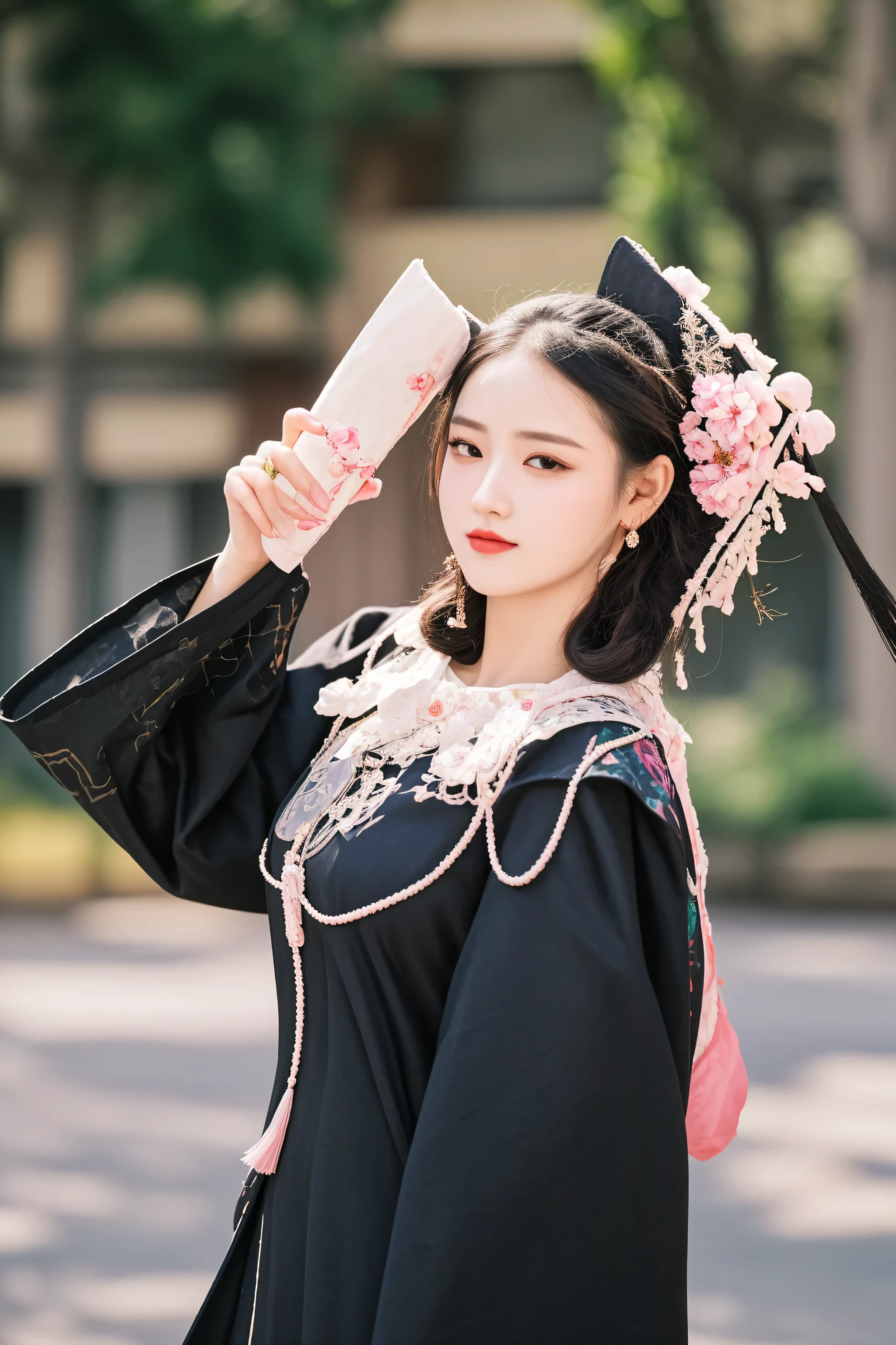 woman in black dress holding up a pink object in her hand, palace , a girl in hanfu, hanfu, wearing ancient chinese clothes, white hanfu, chinese costume, with acient chinese clothes, traditional chinese clothing, traditional tai costume, portrait shot, traditional dress, traditional chinese, wearing ornate silk clothes, wearing a noblewoman's outfit