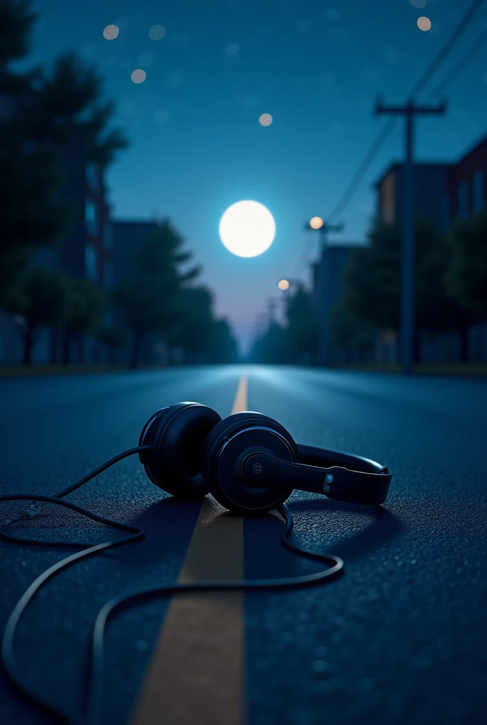 Create an image of a pair of headphones lying on a road illuminated by starlight and moonlight