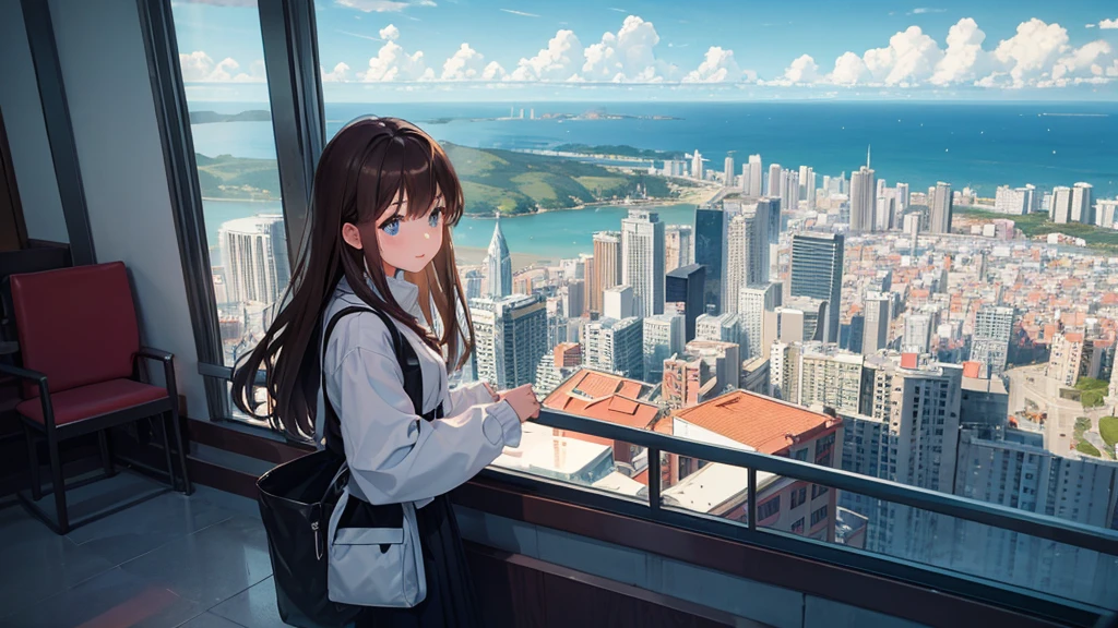 Girl looking out from observation deck at the top of the mountain、Brown hair, semi-long、You can see the sea and the city in the distance