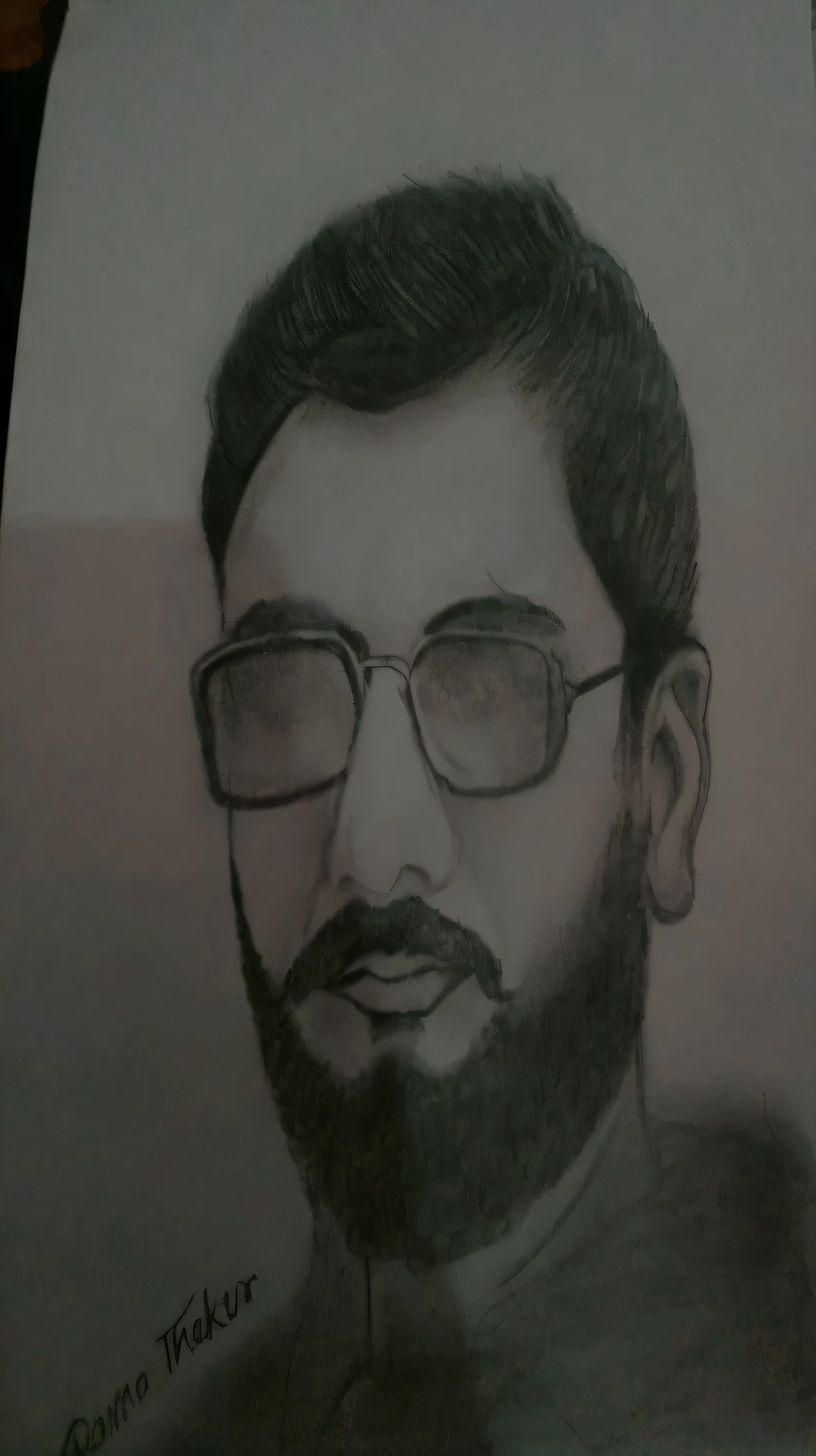 there is a man with a beard and glasses, black hair, using a black shirt, white background, perfectly centered portrait, looking at the viewer, soft portrait, front view portrait, black and white picture, low details