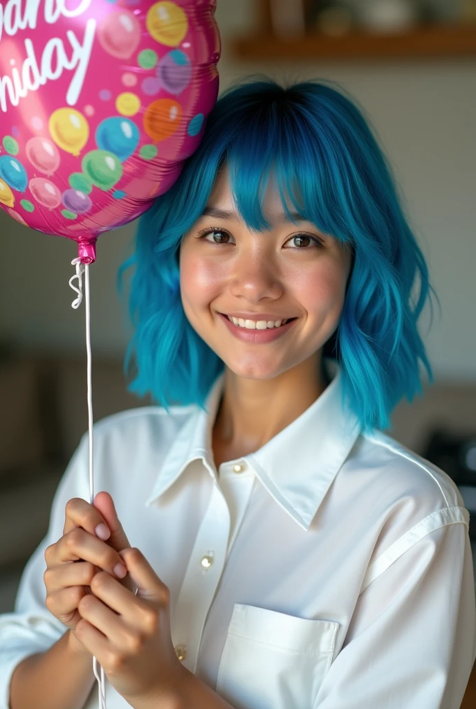 Latina blue hair sturdy white collared clothes at home holding a happy birthday balloon photographic image