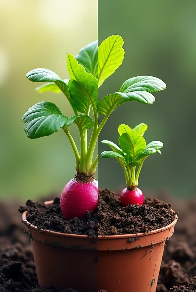I want an image divided into two parts, both contain a pot with radish, In the first section, the pot with radish contains compost and the plant is more grown than in the second section, which is the radish but without compost.