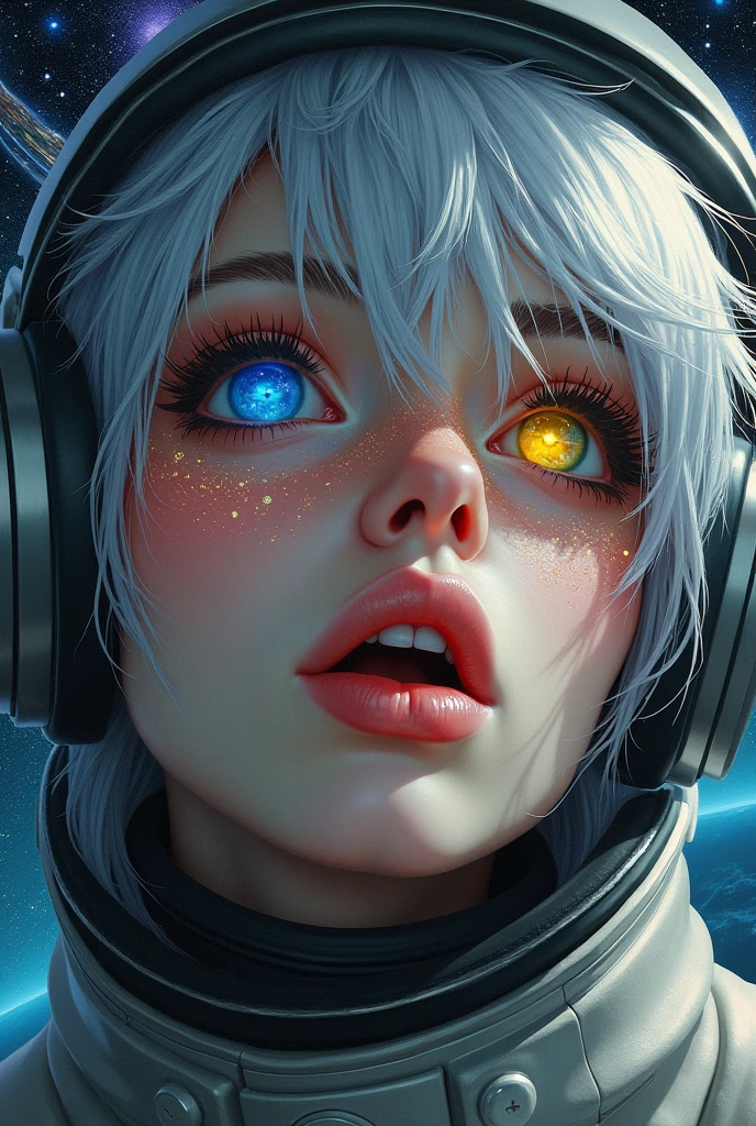 (Close-up of a better masterpiece:1.5)0.9], (Space and astronauts:1.2) (Messy silver hair:1.1) (Heterochromia xanthochromia and blue eyes:1.2) (Space Helmet:1.0) (Colored stars in the eyes:1.0) (A radiant glow:1.1) (thick lips:0.9)
