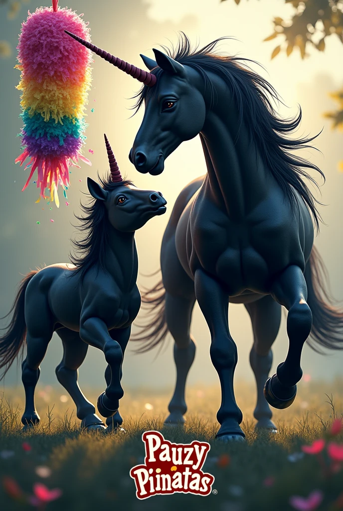  a unicorn  dark and his baby unicorn dark standing breaking a colorful piñata with a stick that is hanging on a rope and below the image a logo that says Pauzy Piñatas 
