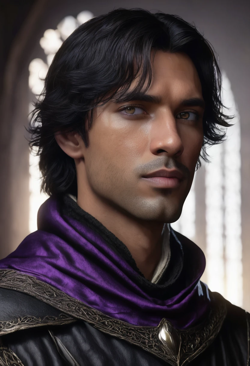 1 man, background is a dark room, wearing a simple black medieval male outfit, detailed facial features, male purple eyes, detailed dark tan skin, short black hair, dramatic lighting, cinematic composition, moody light palette, dark colors, atmospheric haze, square jaw, soft face, strong and handsome man, adult man, ultra realistic, profile picture, adult man (best quality, 4K, 8K, high resolution, art: 1.2), ultra detailed (realistic, photorealistic, photorealistic: 1.37)