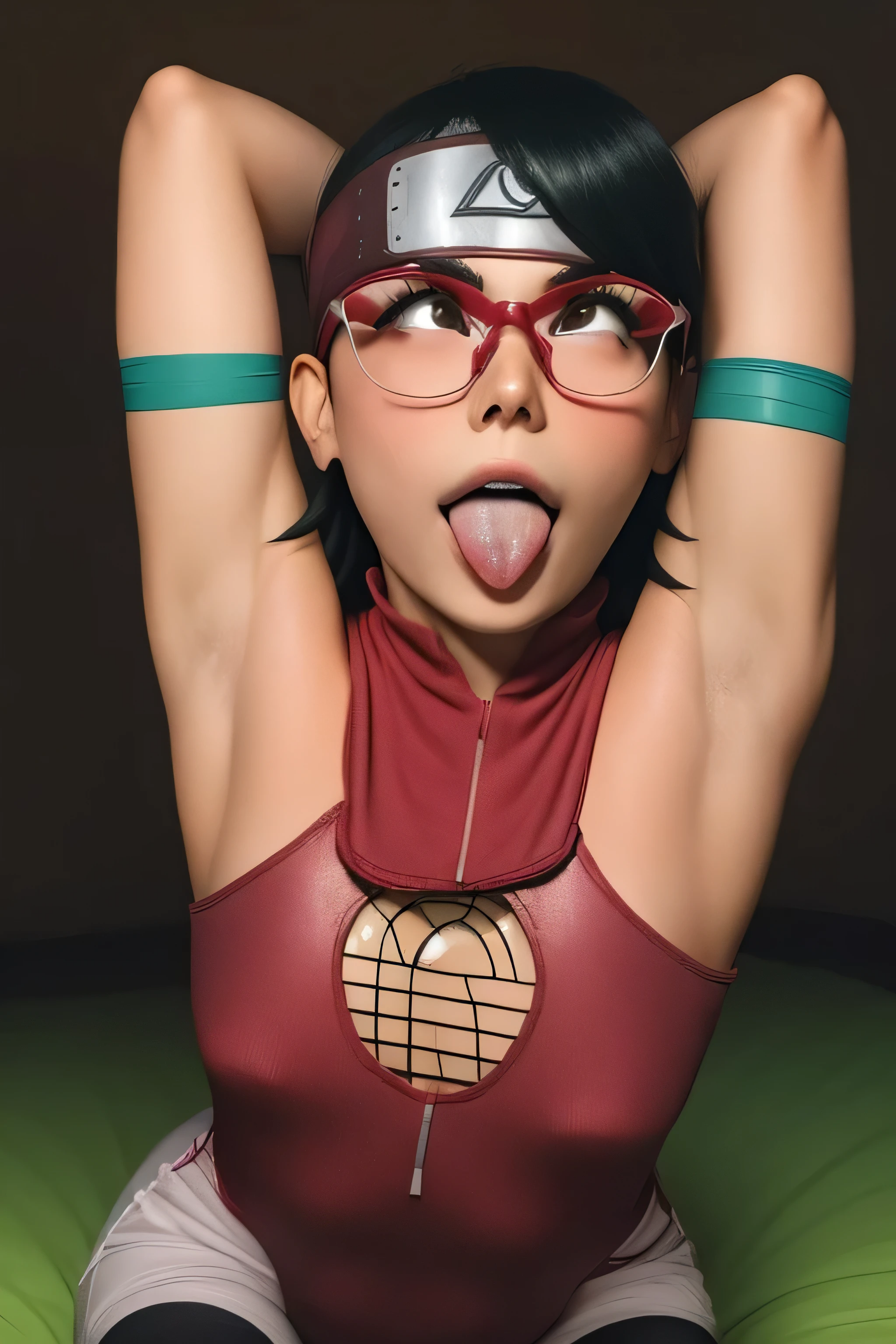 1 girl, standing, beautiful Sarada Uchiha, 18 years old, Cups, Black thighs, arm warmers, forehead protector, shorts, short hair, big chest, wearing glasses, small hips, big ass, medium breasts,capture anime screen, Sarada is 18 years old, mature appearance,armpits,sweat,sweaty,sweaty armpits,arms up,showing armpits,awesome armpits,outfit, red arm warmers,maroon arm bands,red arm warmers