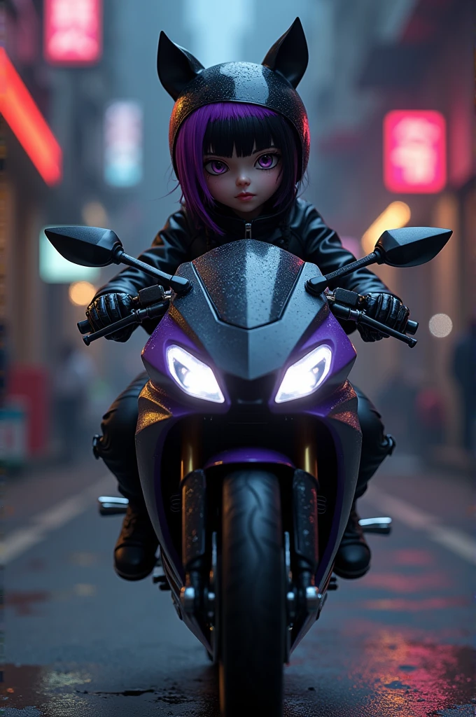 Kuromi on a low displacement black motorcycle