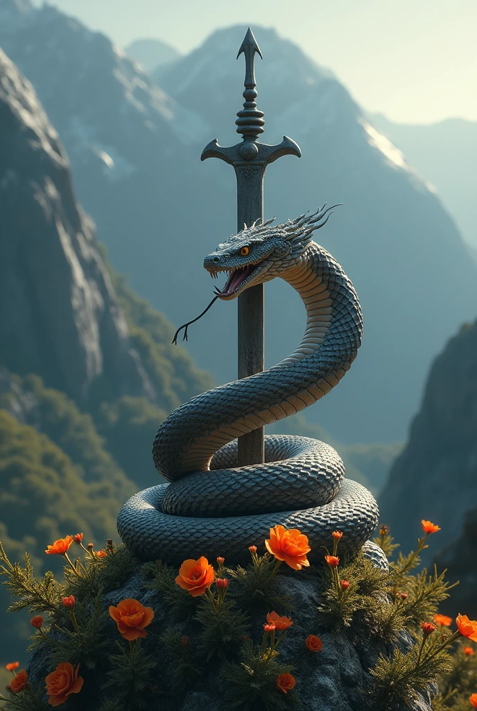 A king cobra on the shiv with flowers and the background is dark in mountains
