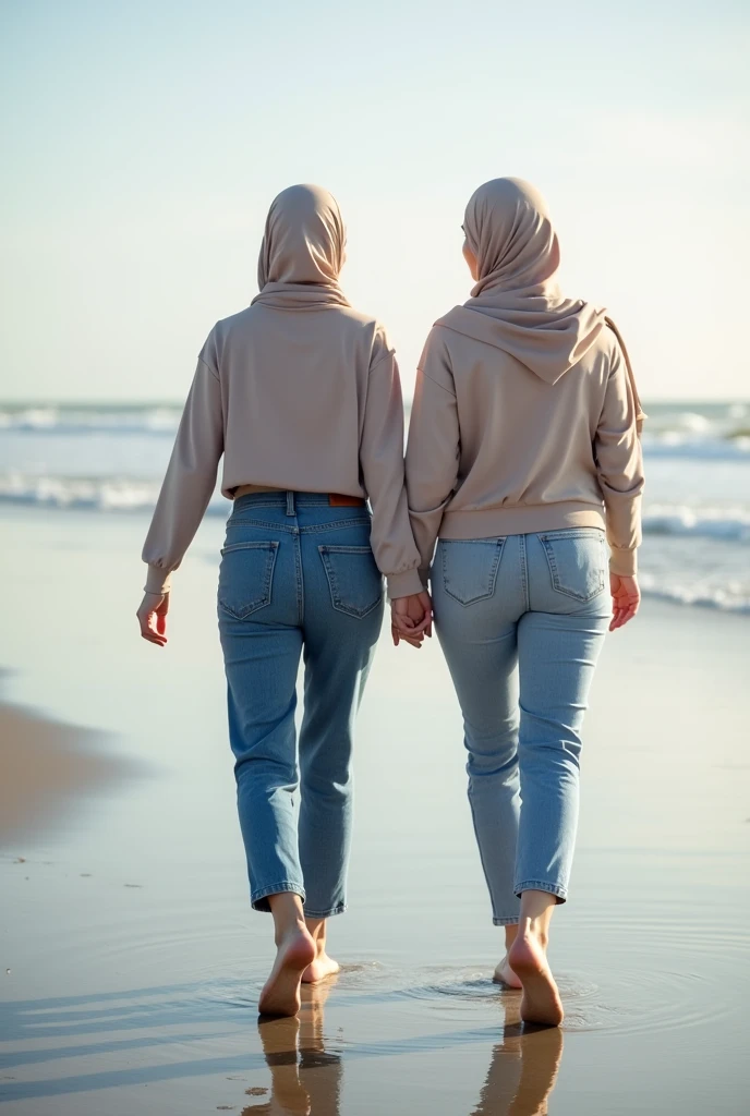 wearing jeans, woman with bare feet in hijab walks on the beach. 