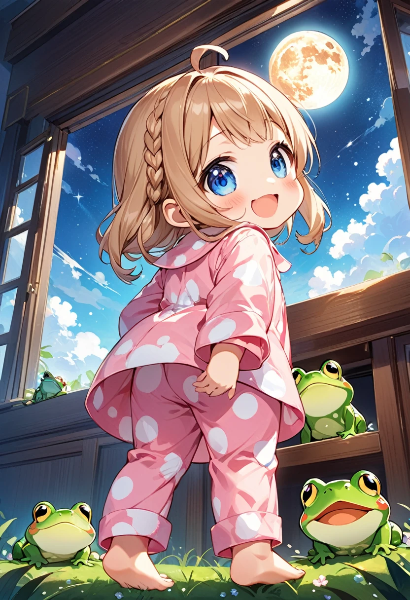 Highest quality、High resolution、Detailed Background、Beautiful face in every detail、Anatomically correct、Detailed facial expressions、fine grain、((full body, from below:1.8, back shot, looking away:1.2)), break　((One Girl:1.2)、((Chibi Girl:1.2)))、Light brown hair color、Big beautiful blue eyes、Fuller lips、Pink Lips、Braided twin tails、Ahoge、(Talk to the frog:1.2)、(Cute pajamas、barefoot)、break　(Happy expression:1.2、Big smile:1.2)、(The background is a large full moon:1.2、Closed windows、Frog outside the window))