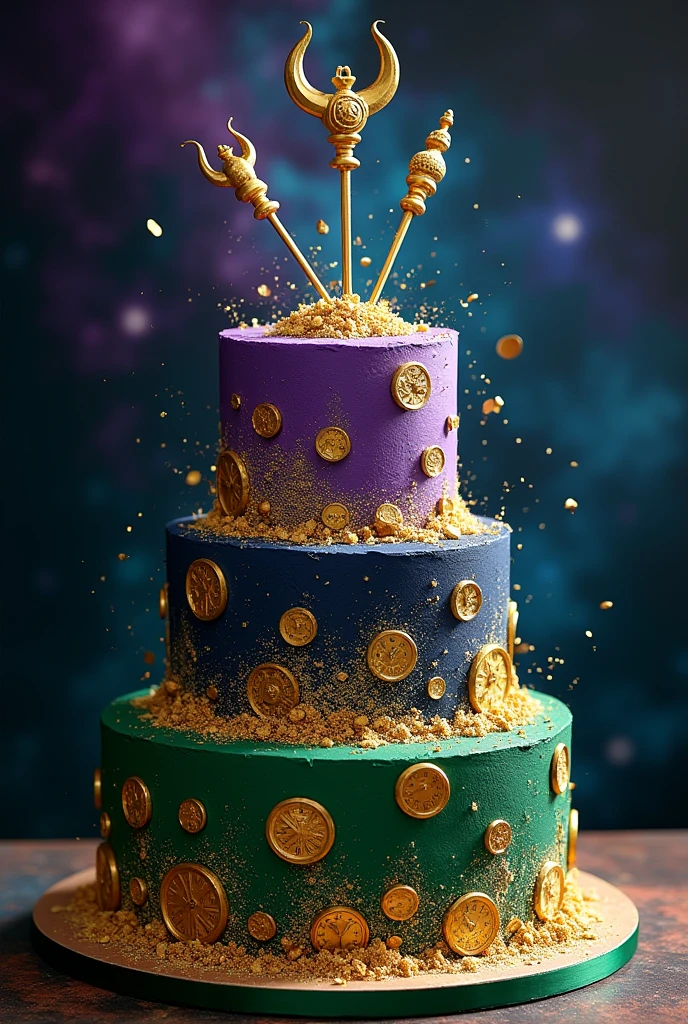 An impressive multiverse cake inspired by the Loki series. The cake consists of three layers, each representing different timelines in the multiverse. The first layer is dark chocolate, symbolizing the darkness and mystery of the multiverse. The second layer is a vibrant purple, representing the chaotic energy of the variants. The third layer is green, evoking the iconic color of Loki and Asgardian magic. The cake is covered with a smooth and shiny cream cheese frosting, decorated with golden chocolate shavings that sparkle like fragments of alternate realities. On top, details like golden clocks and small elements representing Loki (scepters, horned helmets) add the final touch. The background should have a cosmic atmosphere, with nebulas and stars, suggesting the infinity of the multiverse. podrias hacer una imagen mas en la cual el pastel este en proceso aun