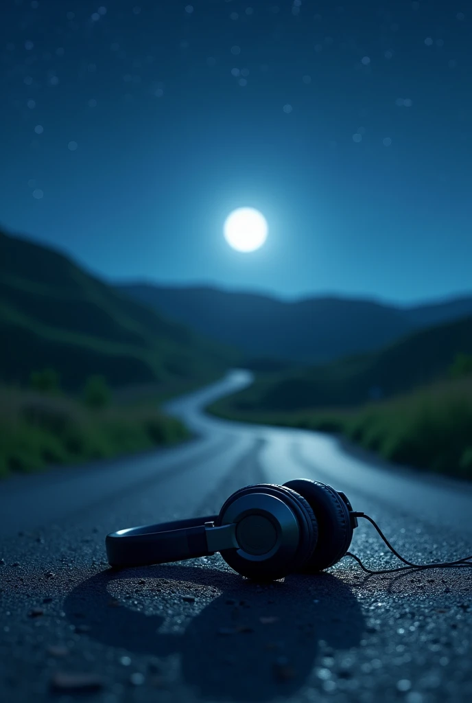 Create an image of a pair of headphones lying on a road illuminated by starlight and moonlight 